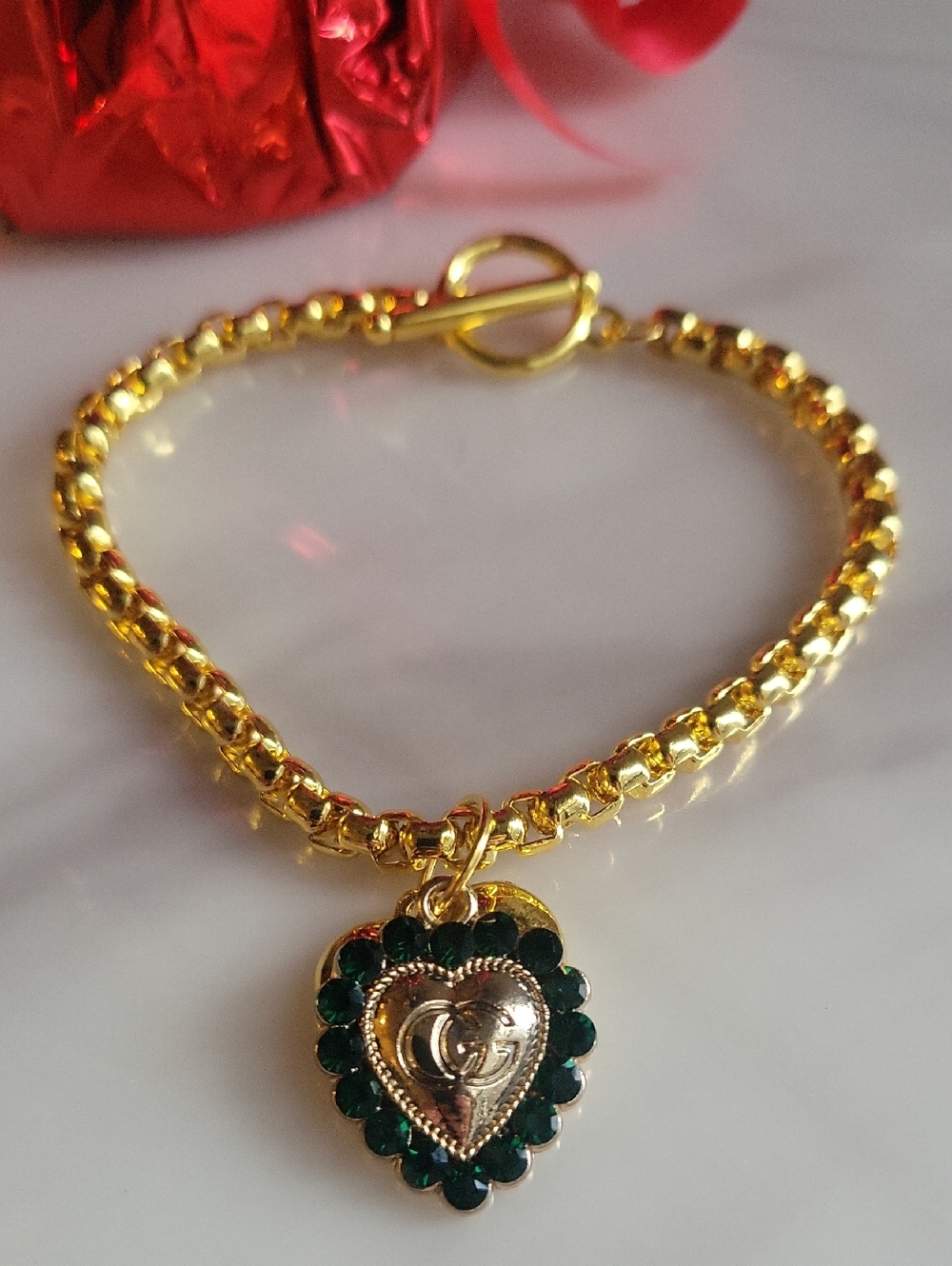 Gucci Gold Heart CHARM with Green Crystals